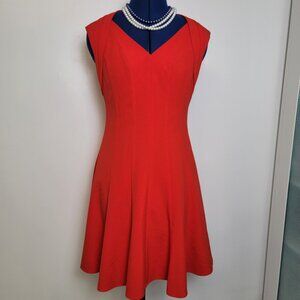 Calvin Klein Womens Red Sleeveless Lined Fit & Flare Pleated Gold Zip Dress 4P